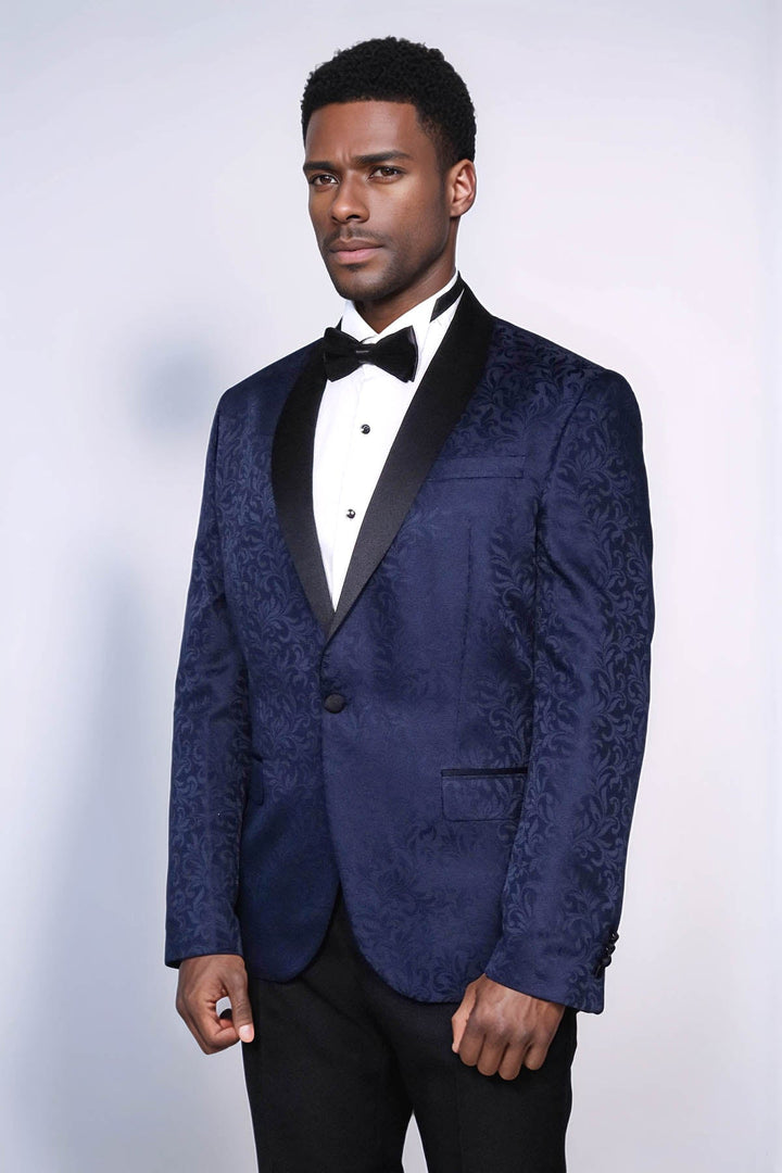 WSS Shawl Lapel Floral Patterned Navy Blue Men Tuxedo Evening Blazer  - Dolores Hidalgo Cuna de la Independencia Nacional