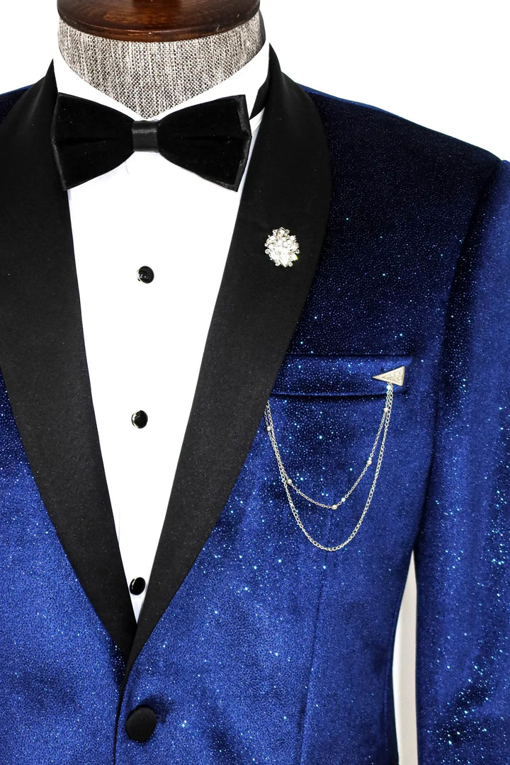 WSS Shawl Collar Velvet Sax Blue Men Prom Blazer  - Le Havre