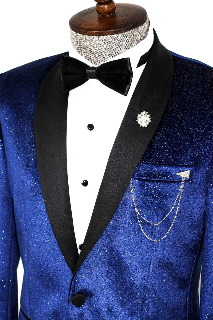 WSS Shawl Collar Velvet Sax Blue Men Prom Blazer  - Le Havre