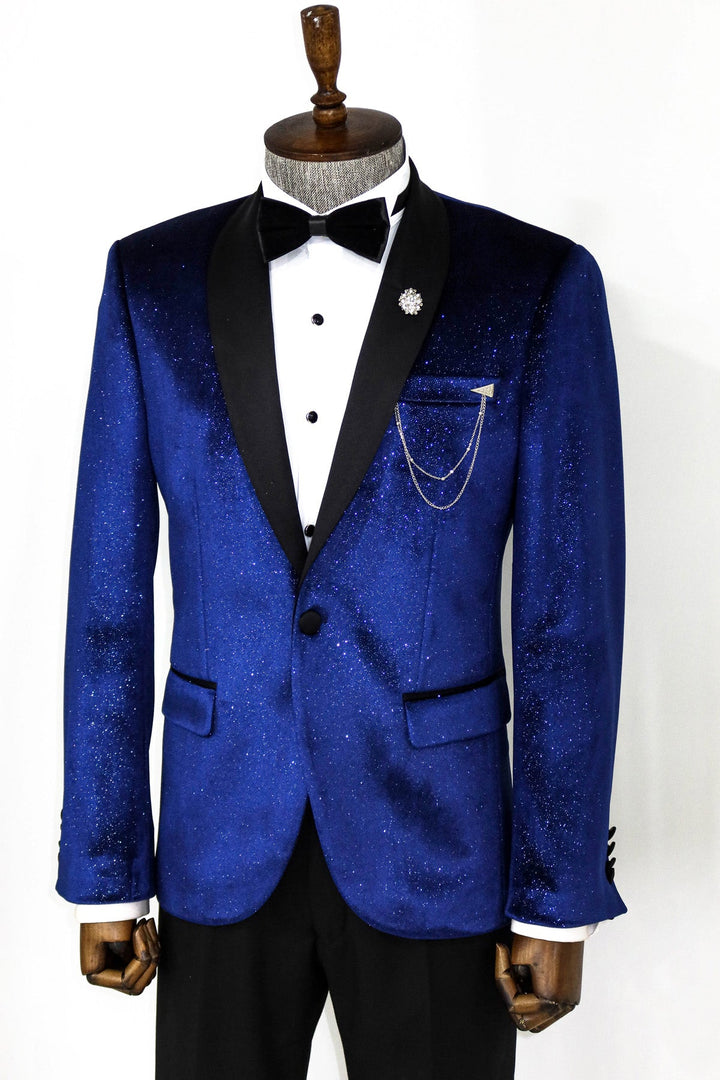 WSS Shawl Collar Velvet Sax Blue Men Prom Blazer  - Le Havre