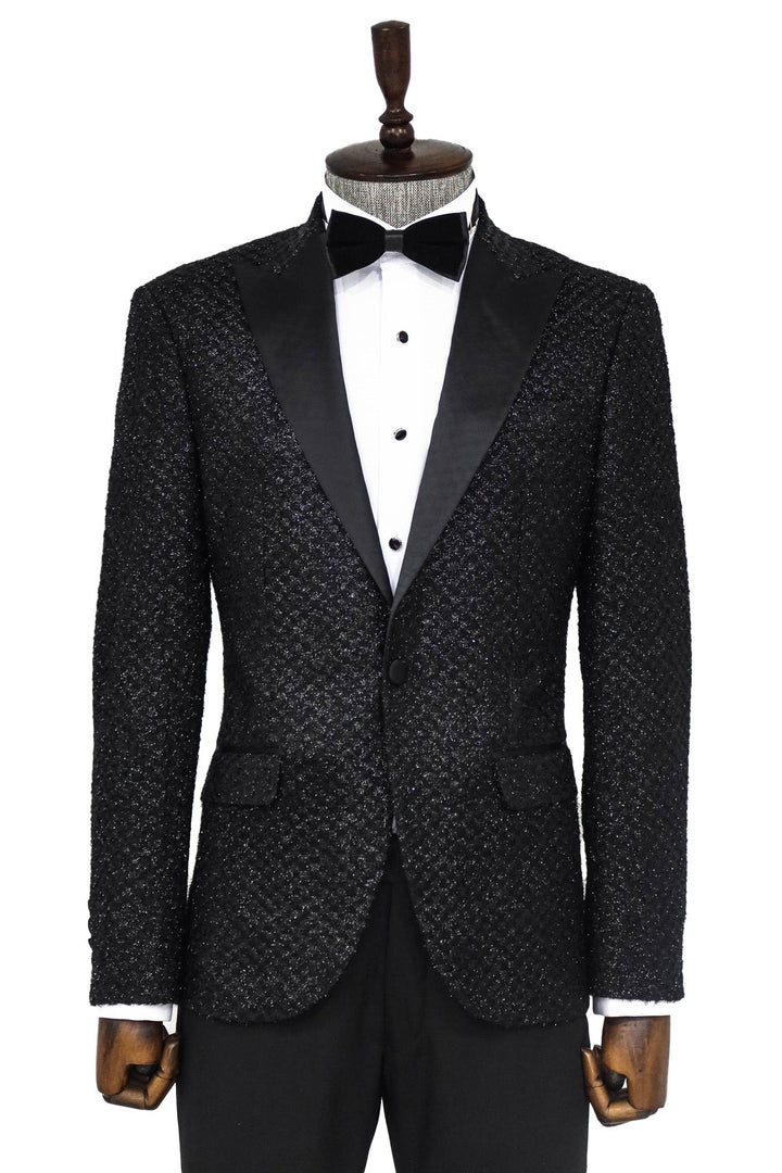 WSS Gingham Patterned Glitter Black Men Prom Blazer  - Singen