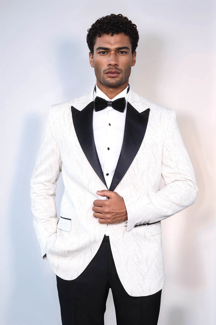 WSS Patterned Shiny White Men Wedding Tuxedo Jacket  - Woodbury