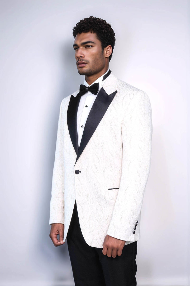 WSS Patterned Shiny White Men Wedding Tuxedo Jacket  - Woodbury