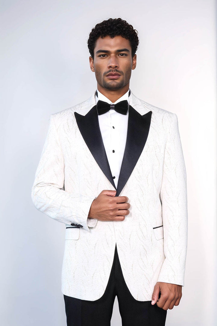 WSS Patterned Shiny White Men Wedding Tuxedo Jacket  - Woodbury