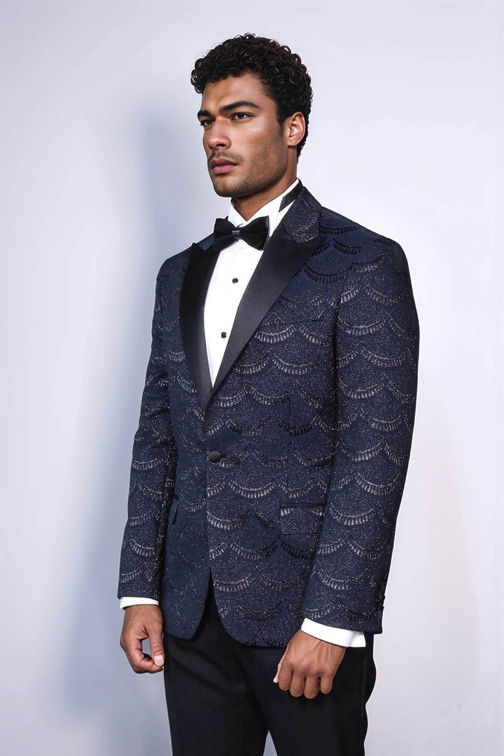 WSS Patterned Slim Fit Navy Blue Men Singer Tuxedo Blazer  - Gulfport