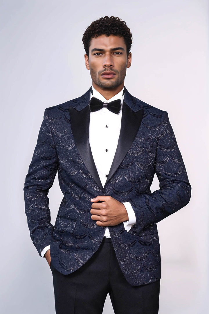 WSS Patterned Slim Fit Navy Blue Men Singer Tuxedo Blazer  - Gulfport