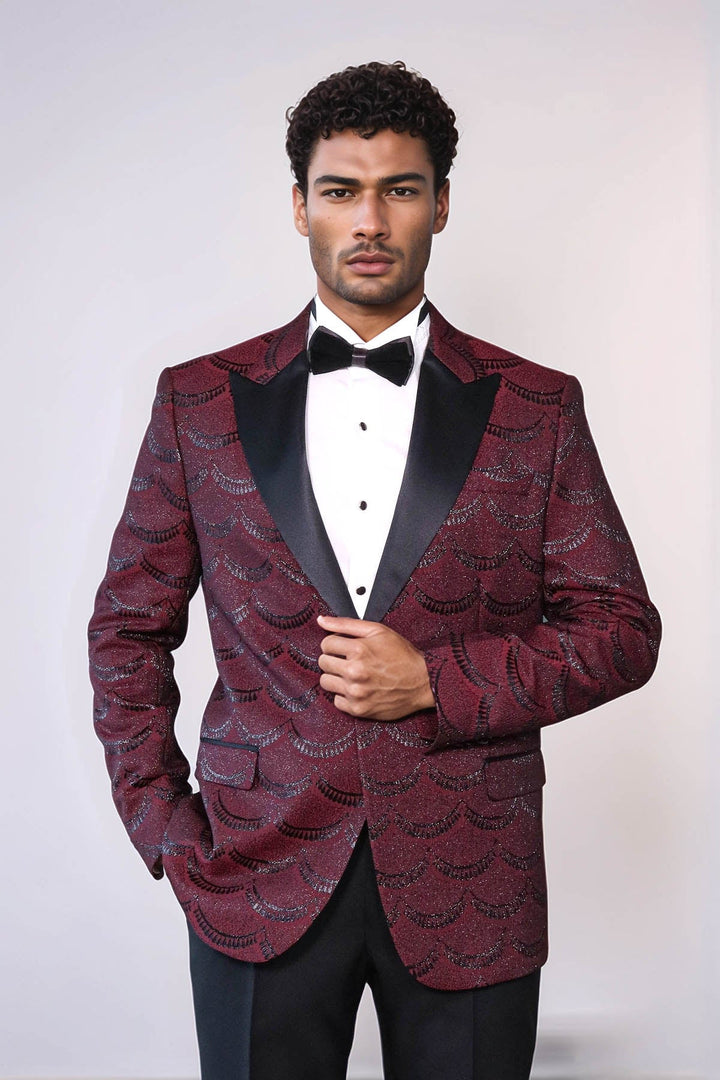 WSS Patterned Slim Fit Burgundy Men Tuxedo Jacket  - Colchester