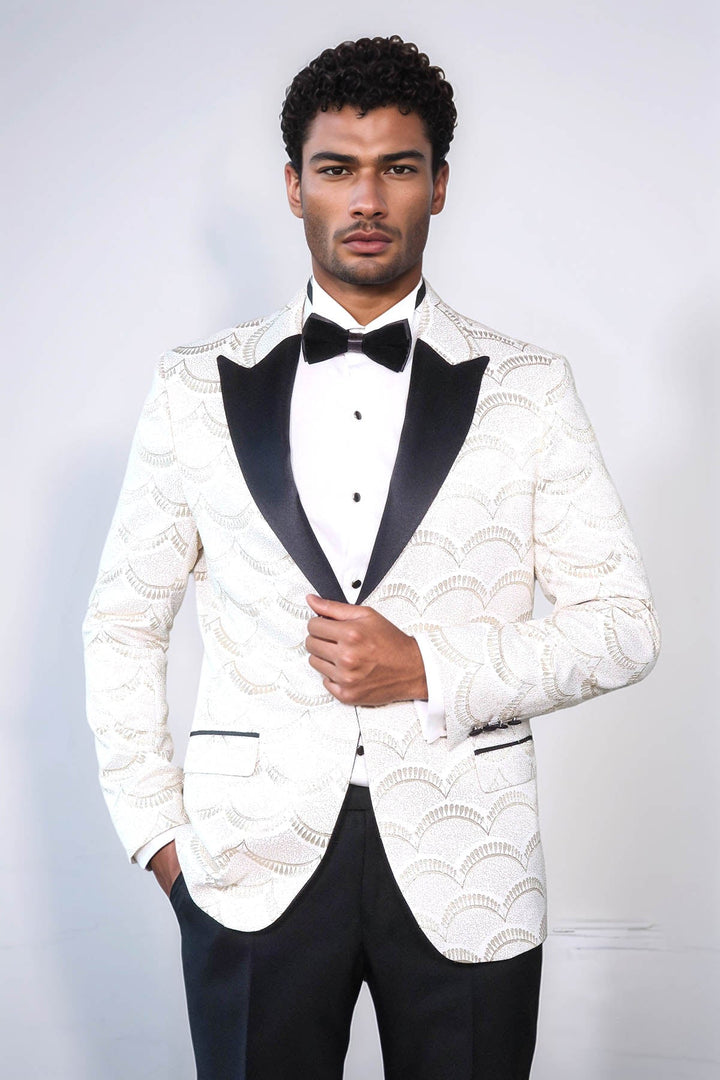 WSS Patterned Slim Fit White Men Dinner Jacket  - Coyula