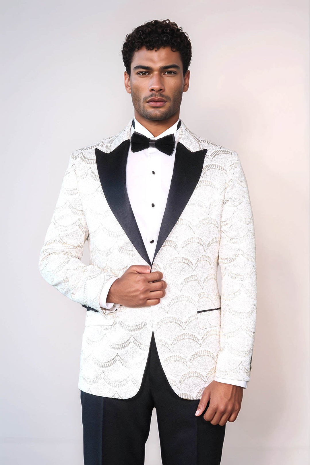 WSS Patterned Slim Fit White Men Dinner Jacket  - Coyula