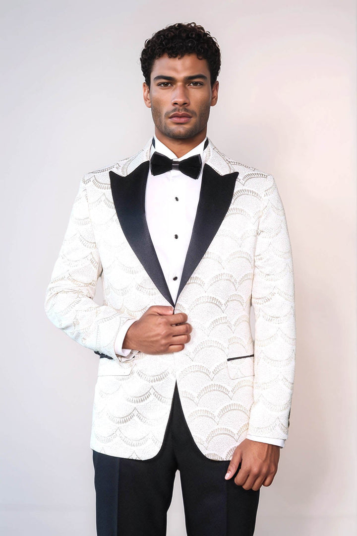 WSS Patterned Slim Fit White Men Dinner Jacket  - Coyula