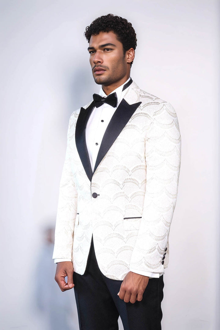 WSS Patterned Slim Fit White Men Dinner Jacket  - Coyula