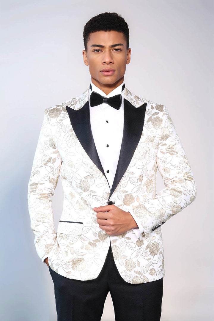 WSS Floral Patterned White Men Tuxedo Blazer  - Evans