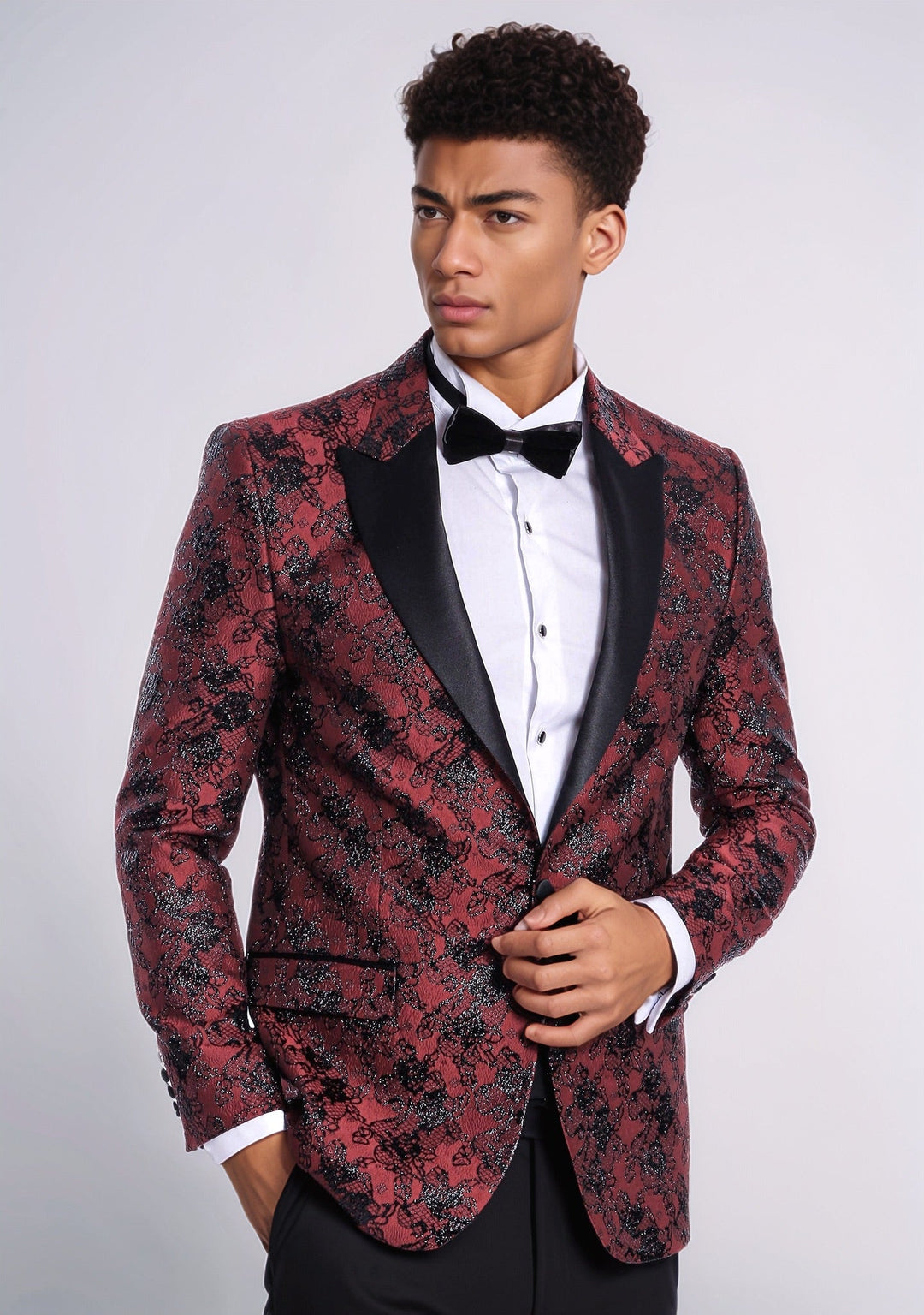 WSS Floral Patterned Slim Fit Burgundy Men Evening  Dinner Blazer  - Veenendaal