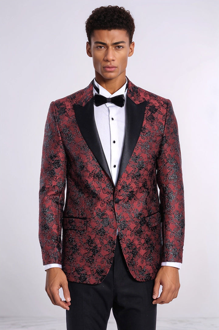 WSS Floral Patterned Slim Fit Burgundy Men Evening  Dinner Blazer  - Veenendaal