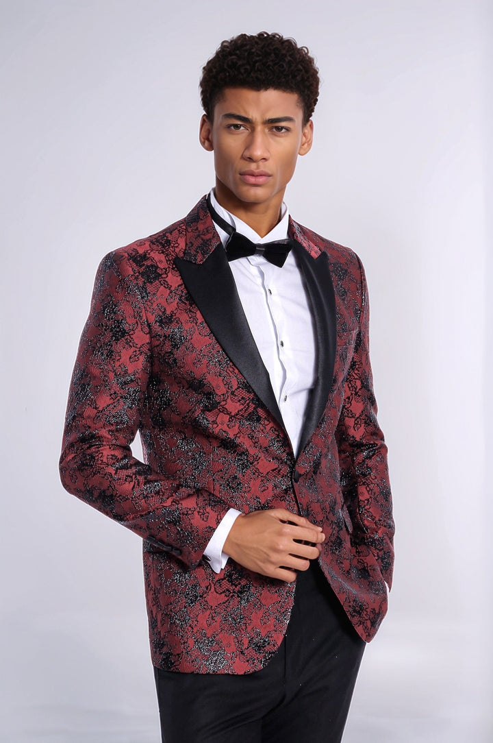 WSS Floral Patterned Slim Fit Burgundy Men Evening  Dinner Blazer  - Veenendaal