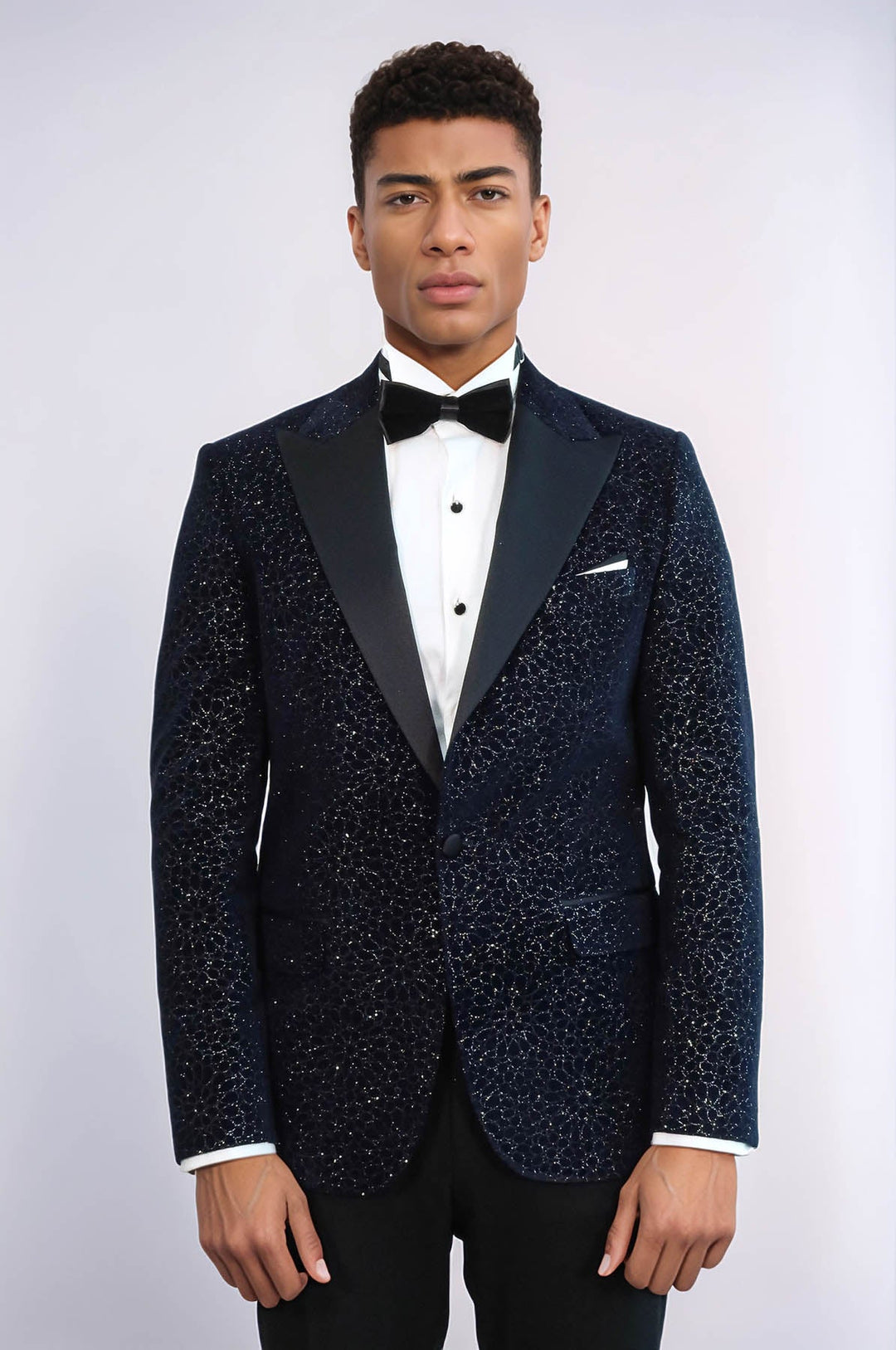 WSS Glitter Floral Patterned Navy Blue Men Wedding Tuxedo Blazer  - Coatzacoalcos