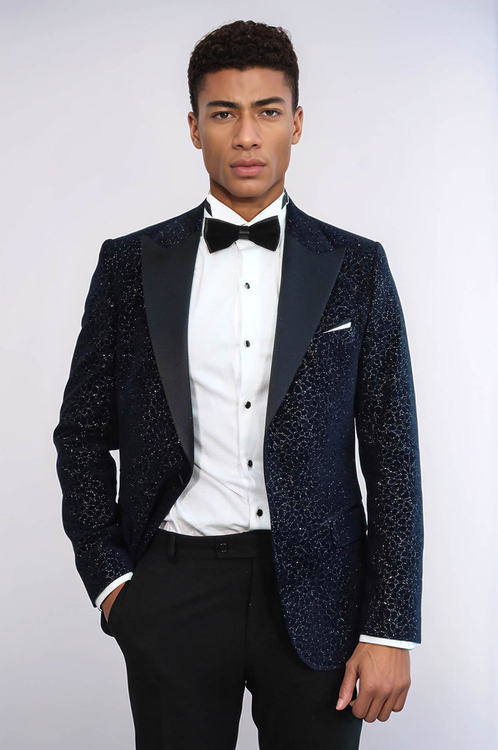 WSS Glitter Floral Patterned Navy Blue Men Wedding Tuxedo Blazer  - Coatzacoalcos