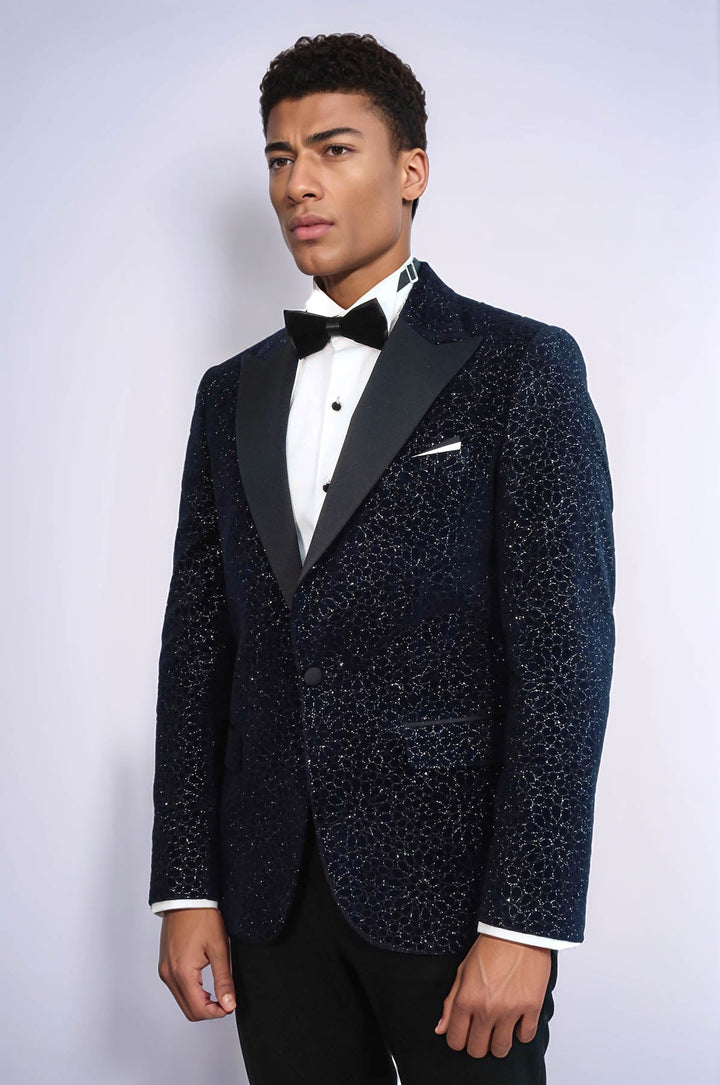 WSS Glitter Floral Patterned Navy Blue Men Wedding Tuxedo Blazer  - Coatzacoalcos