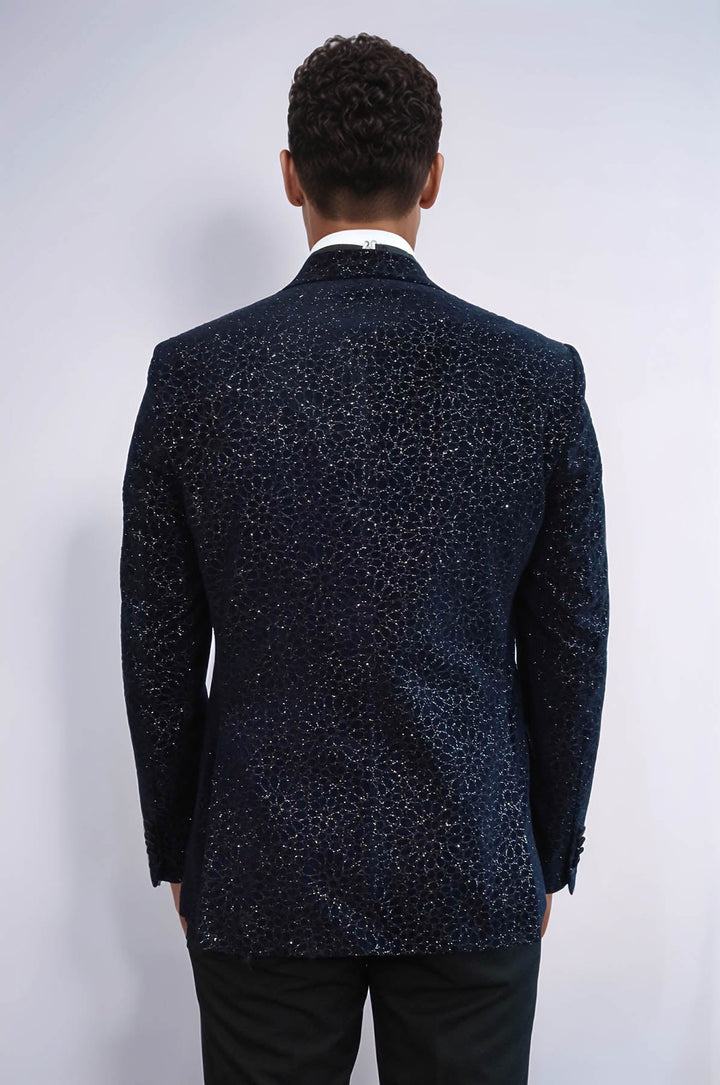 WSS Glitter Floral Patterned Navy Blue Men Wedding Tuxedo Blazer  - Coatzacoalcos