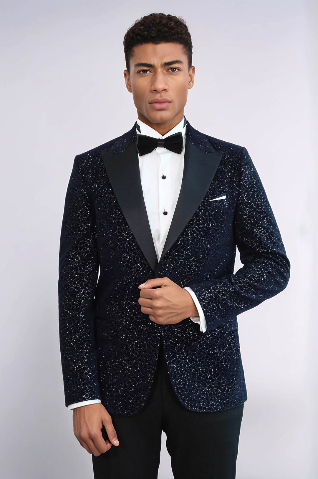 WSS Glitter Floral Patterned Navy Blue Men Wedding Tuxedo Blazer  - Coatzacoalcos
