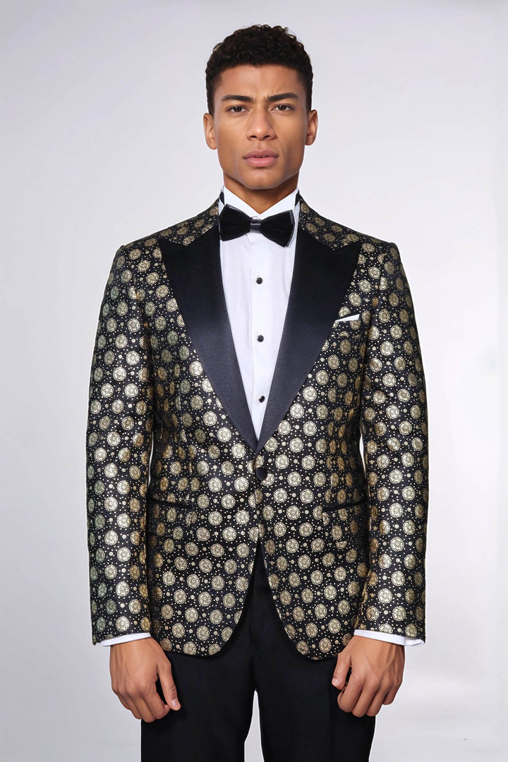 WSS Floral Patterned Peak Lapel  Black with Gold Embellished Dinner Jacket  - Cleveland