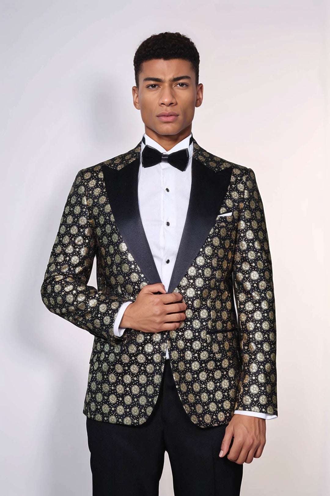 WSS Floral Patterned Peak Lapel  Black with Gold Embellished Dinner Jacket  - Cleveland