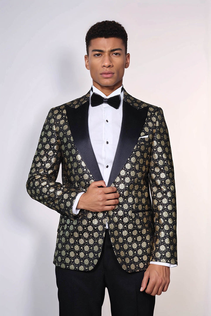 WSS Floral Patterned Peak Lapel  Black with Gold Embellished Dinner Jacket  - Cleveland