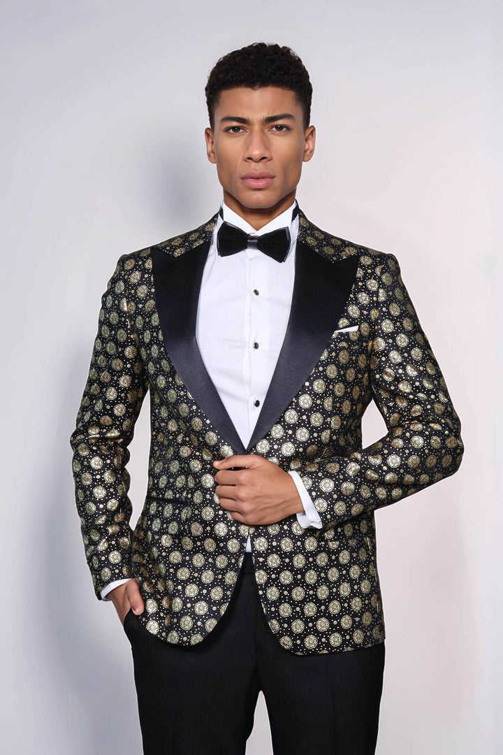 WSS Floral Patterned Peak Lapel  Black with Gold Embellished Dinner Jacket  - Cleveland