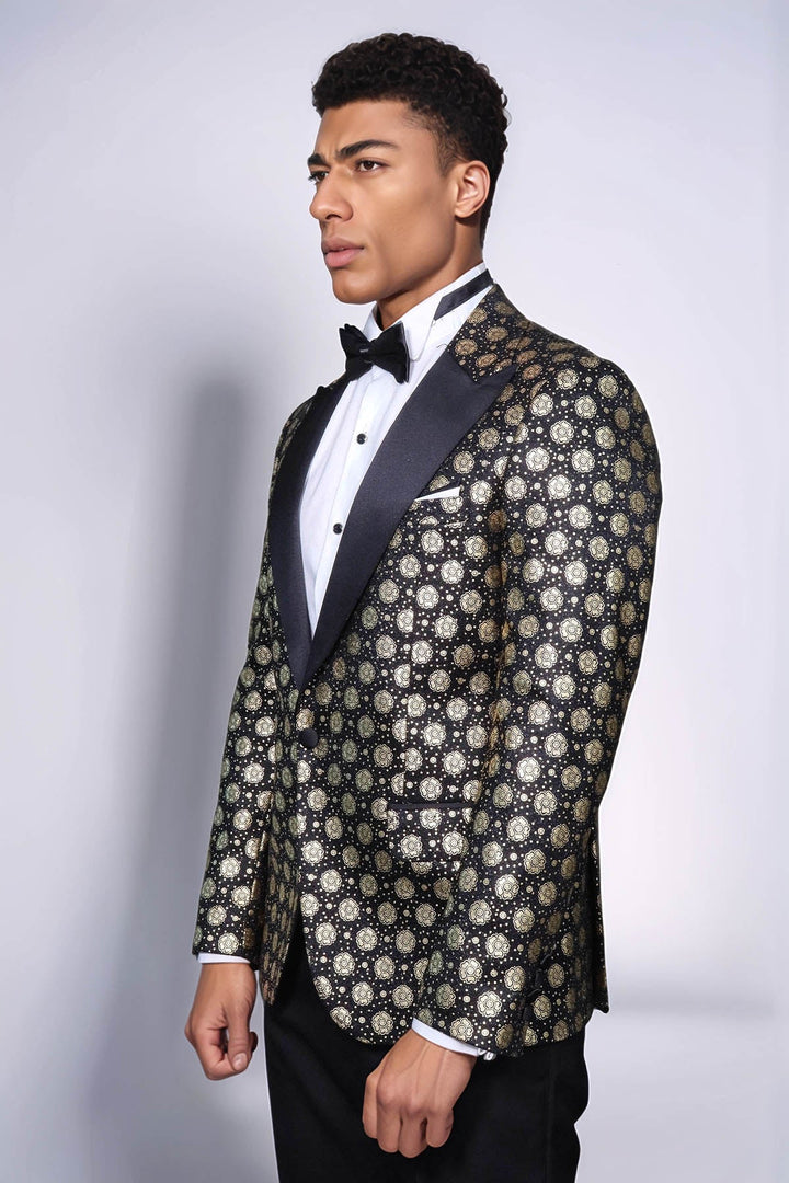 WSS Floral Patterned Peak Lapel  Black with Gold Embellished Dinner Jacket  - Cleveland
