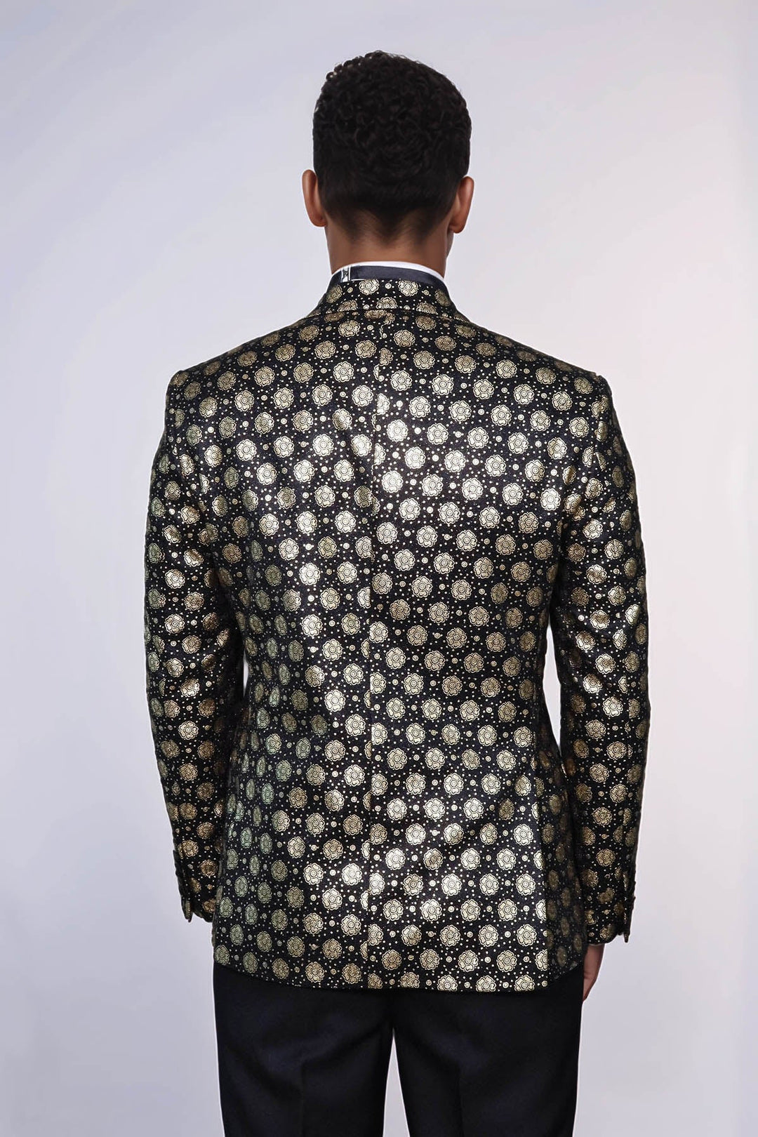 WSS Floral Patterned Peak Lapel  Black with Gold Embellished Dinner Jacket  - Cleveland