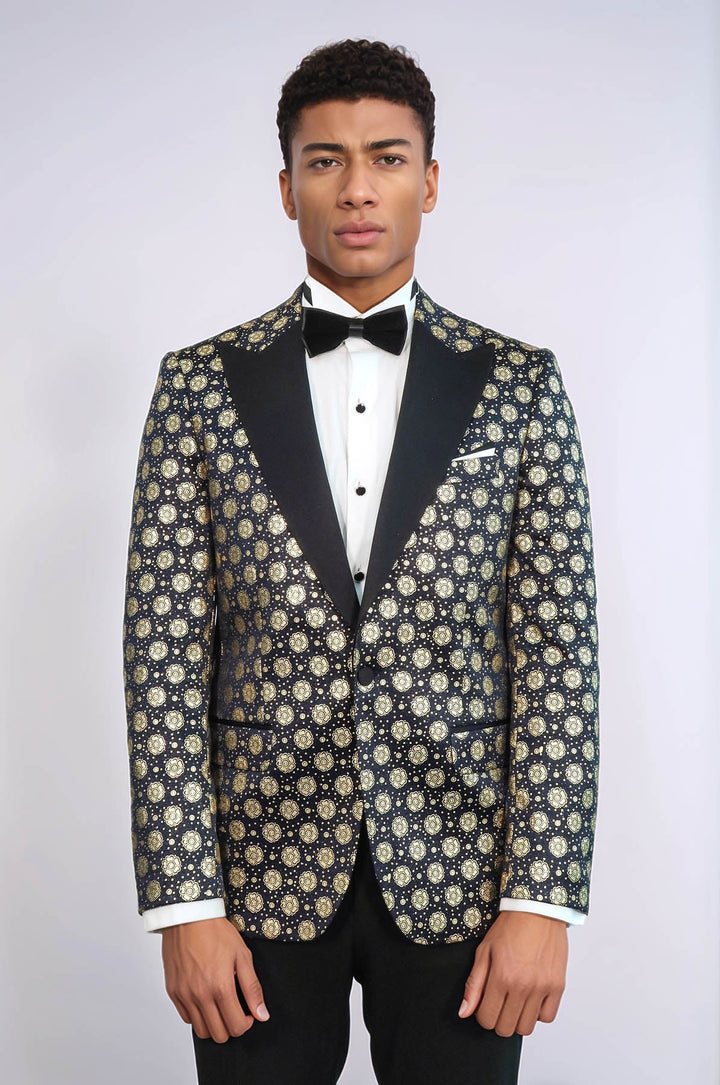 WSS Floral Patterned Peak Lapel  Navy Blue with Gold Embellished Dinner Jacket  - Botoşani