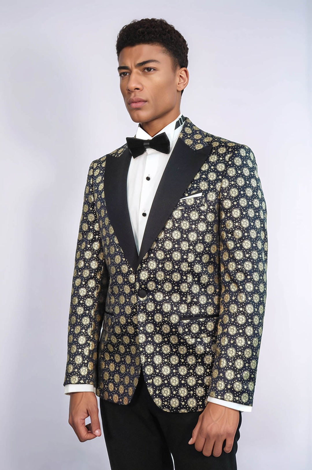 WSS Floral Patterned Peak Lapel  Navy Blue with Gold Embellished Dinner Jacket  - Botoşani