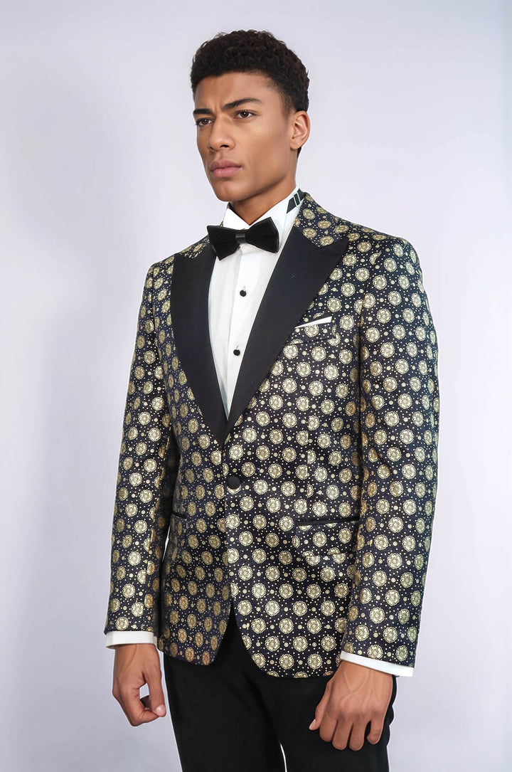 WSS Floral Patterned Peak Lapel  Navy Blue with Gold Embellished Dinner Jacket  - Botoşani