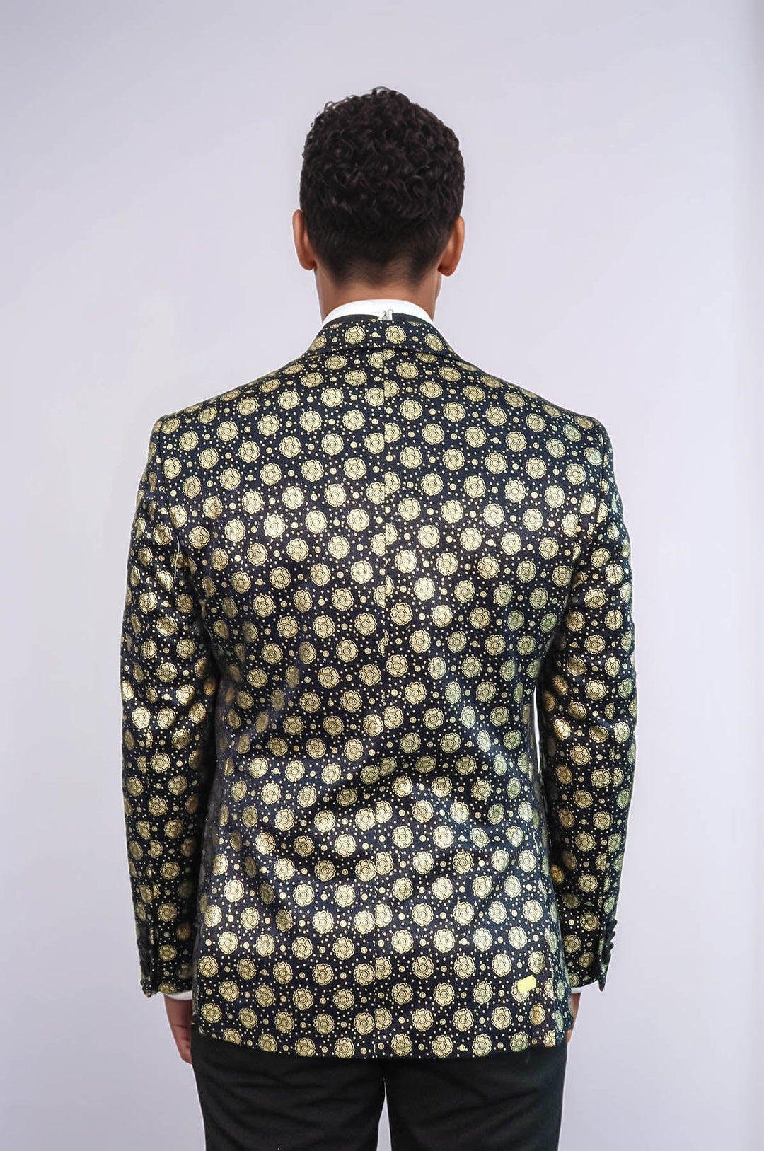 WSS Floral Patterned Peak Lapel  Navy Blue with Gold Embellished Dinner Jacket  - Botoşani