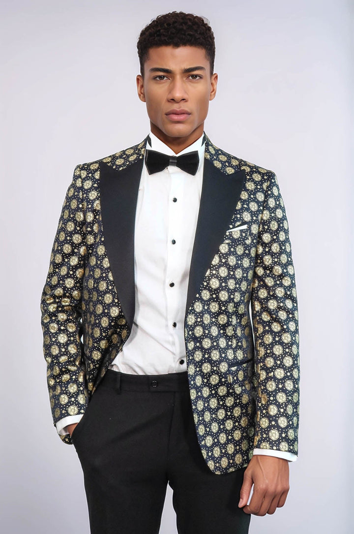 WSS Floral Patterned Peak Lapel  Navy Blue with Gold Embellished Dinner Jacket  - Botoşani