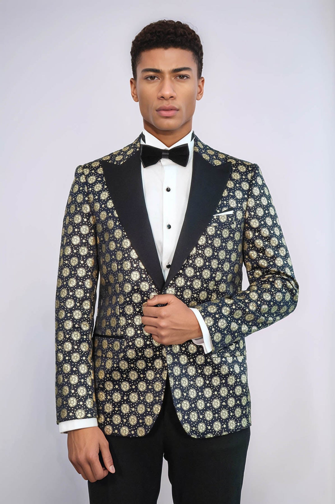 WSS Floral Patterned Peak Lapel  Navy Blue with Gold Embellished Dinner Jacket  - Botoşani