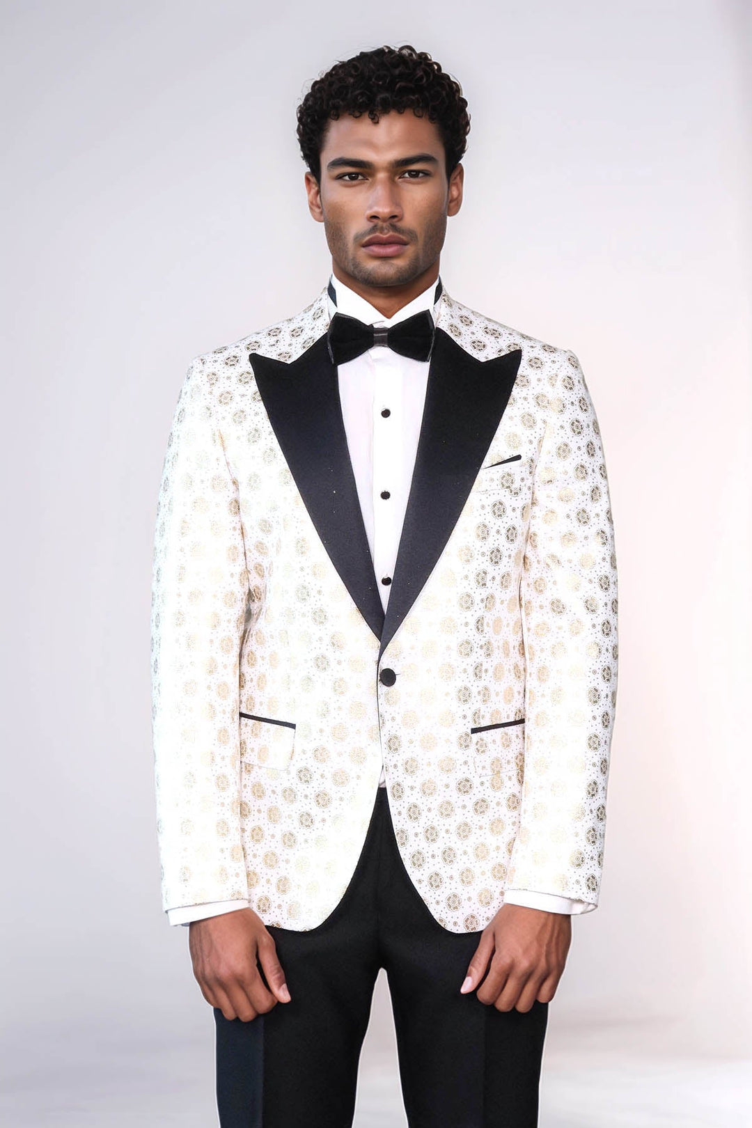 WSS Floral Patterned Peak Lapel White Men Wedding Tuxedo Blazer  - Myrnohrad