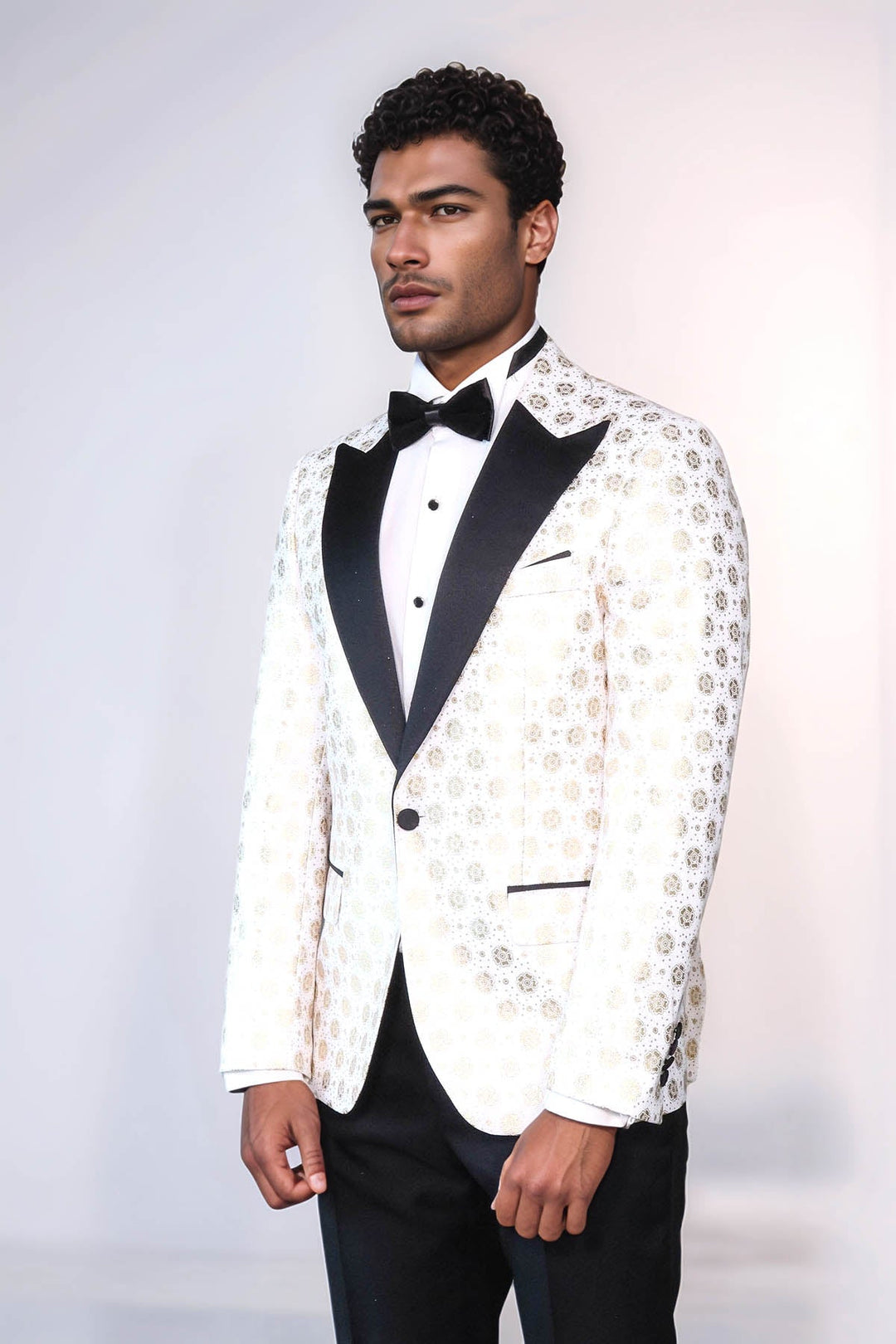 WSS Floral Patterned Peak Lapel White Men Wedding Tuxedo Blazer  - Myrnohrad