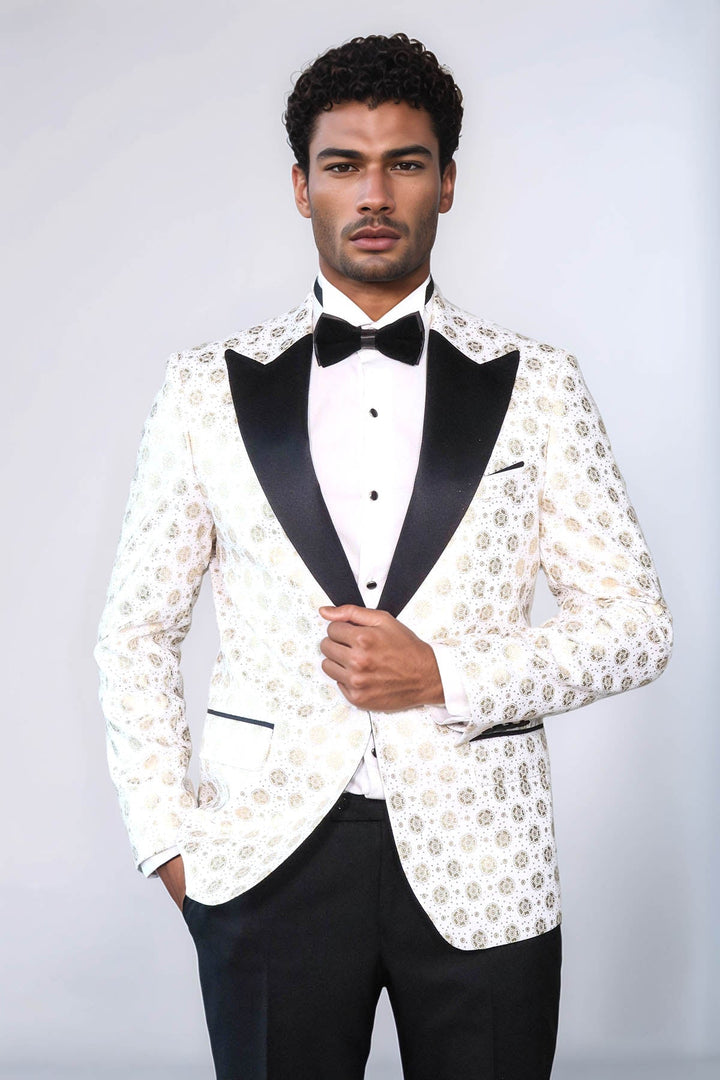 WSS Floral Patterned Peak Lapel White Men Wedding Tuxedo Blazer  - Myrnohrad