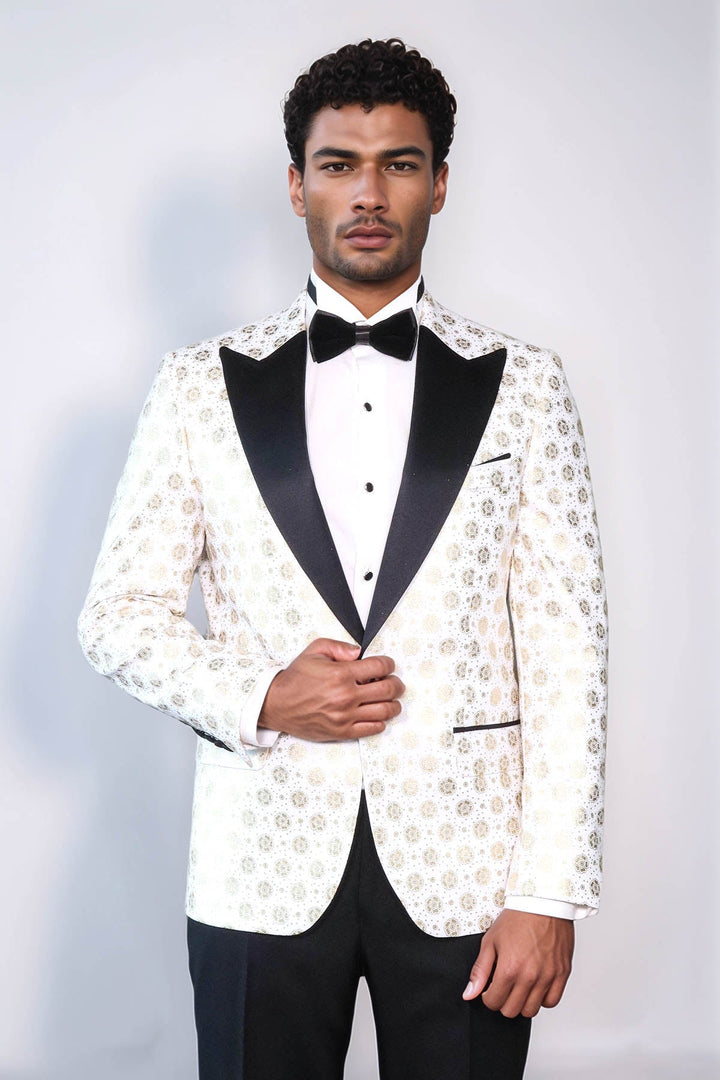 WSS Floral Patterned Peak Lapel White Men Wedding Tuxedo Blazer  - Myrnohrad
