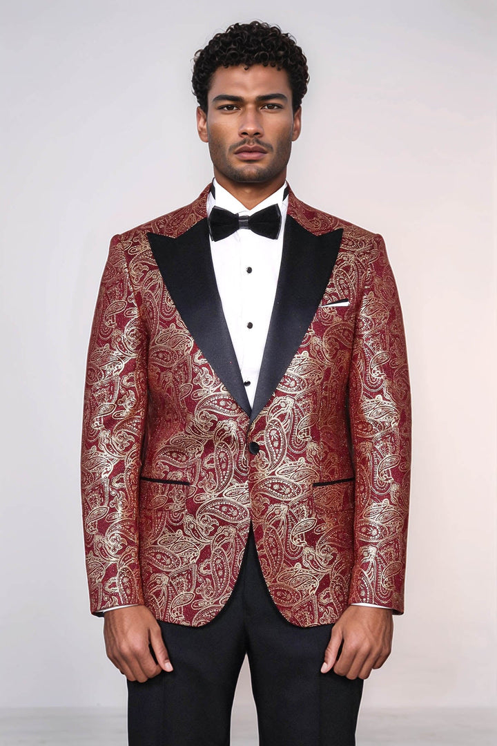 WSS Paisley Peak Lapel Burgundy Men Singer Tuxedo Blazer  - Welling