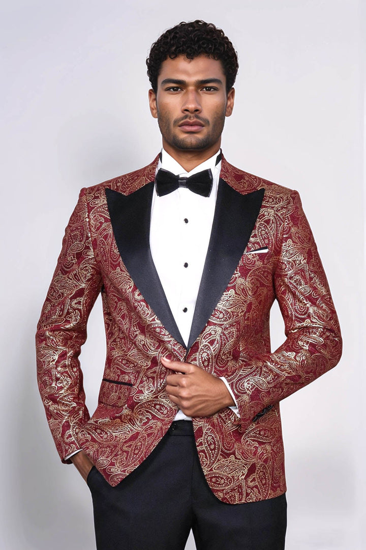 WSS Paisley Peak Lapel Burgundy Men Singer Tuxedo Blazer  - Welling