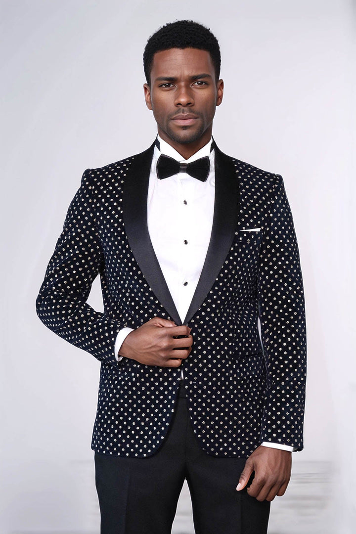 WSS Dot Patterned Slim Fit Navy Blue Men Party Blazer  - Esposende