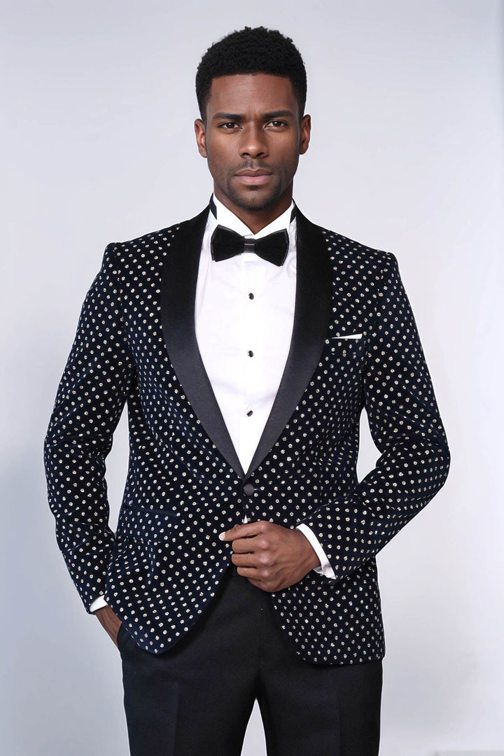 WSS Dot Patterned Slim Fit Navy Blue Men Party Blazer  - Esposende