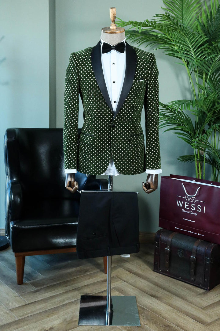 WSS Emerald Green Velvet Polka Dot Peak Lapel Tuxedo Jacket with Black Pants - Luxe Party Style - Hanford