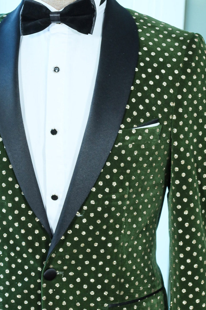 WSS Emerald Green Velvet Polka Dot Peak Lapel Tuxedo Jacket with Black Pants - Luxe Party Style - Hanford