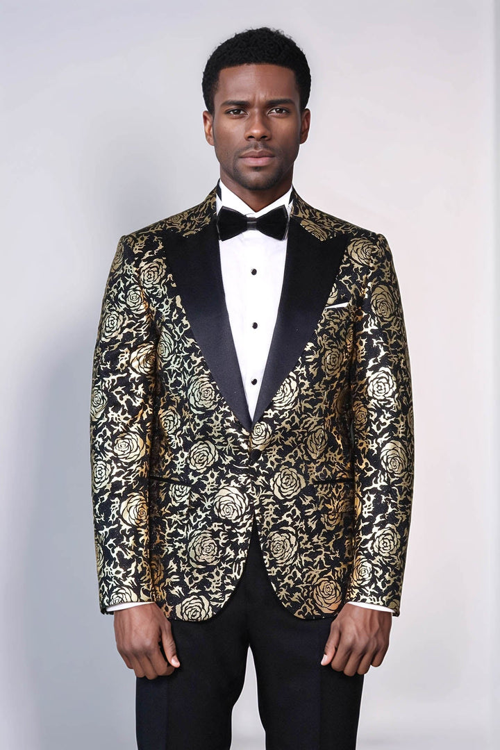 WSS Gold Rose Patterned Slim Fit Black Men Singer Tuxedo Blazer  - Lodi