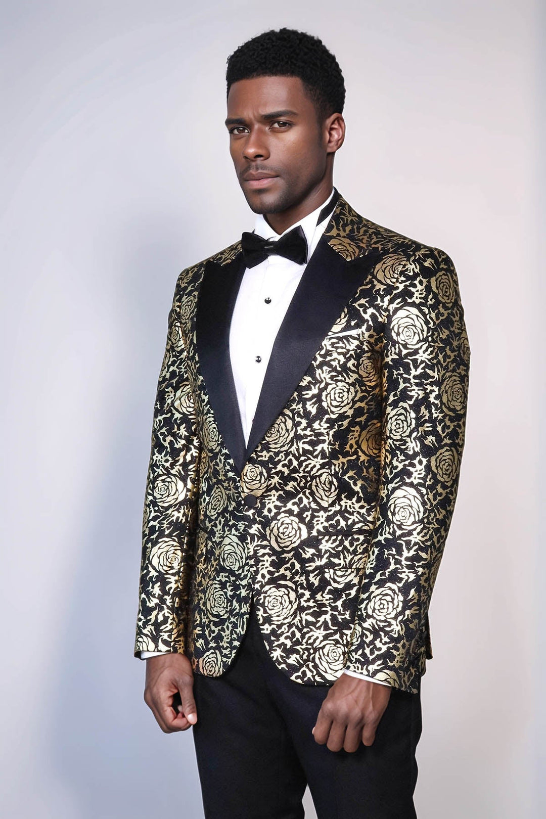 WSS Gold Rose Patterned Slim Fit Black Men Singer Tuxedo Blazer  - Lodi