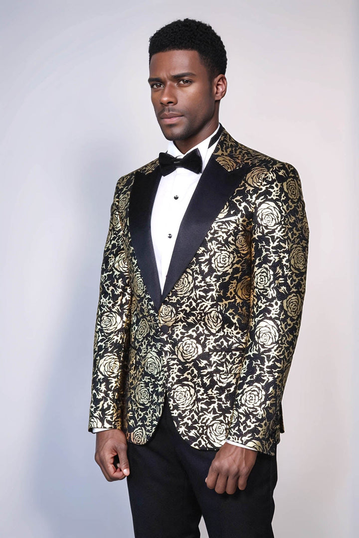 WSS Gold Rose Patterned Slim Fit Black Men Singer Tuxedo Blazer  - Lodi