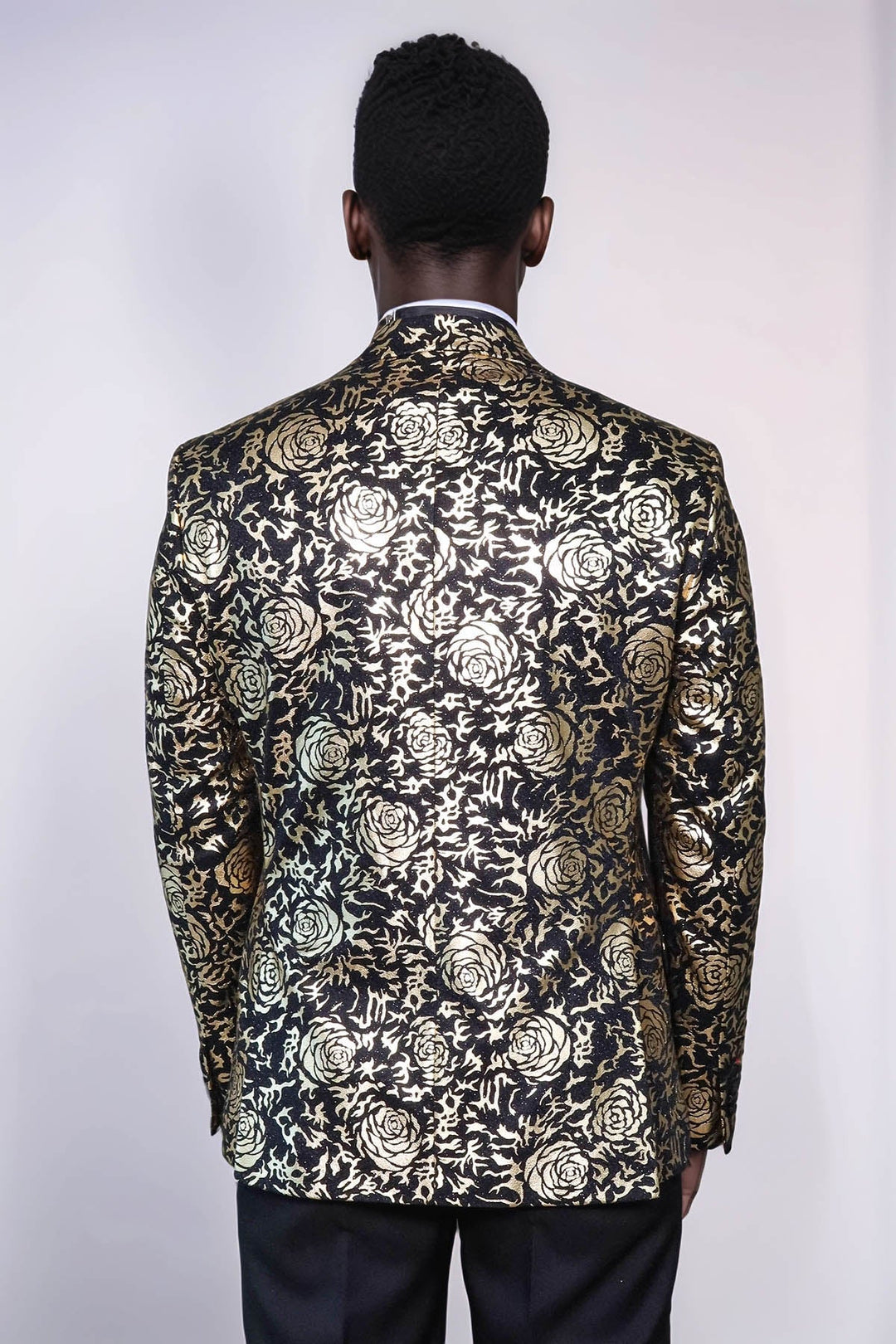 WSS Gold Rose Patterned Slim Fit Black Men Singer Tuxedo Blazer  - Lodi